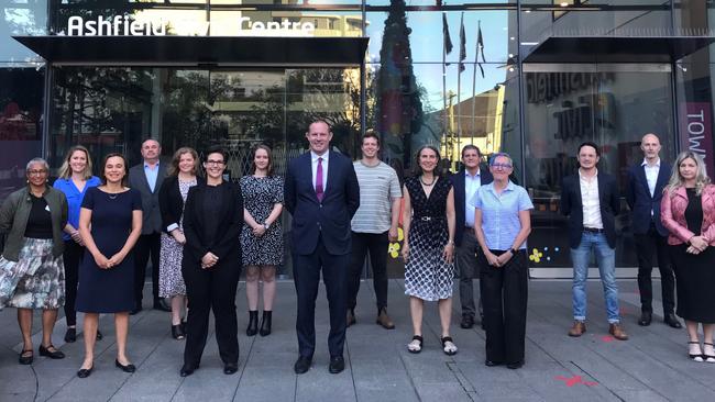 Darcy Byrne (centre) in front of the new inner west councillors outside Ashfield Civic Centre before being sworn in. Picture: Supplied