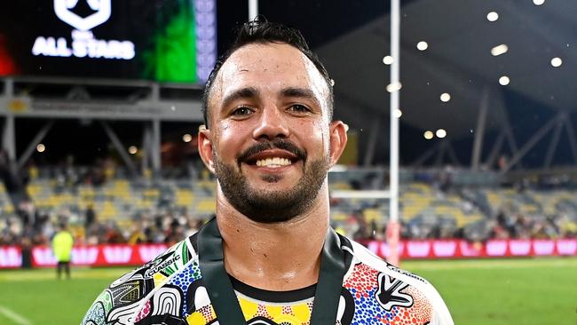 TOWNSVILLE, AUSTRALIA - FEBRUARY 16: Braydon Trindall of the Indigenous All-Stars poses with the Preston Campbell Medla for player of the match after the NRL All-Stars match between Men's Australia Indigenous All Stars and Aotearoa NZ Men's Maori Tane at Queensland Country Bank Stadium on February 16, 2024 in Townsville, Australia. (Photo by Ian Hitchcock/Getty Images)