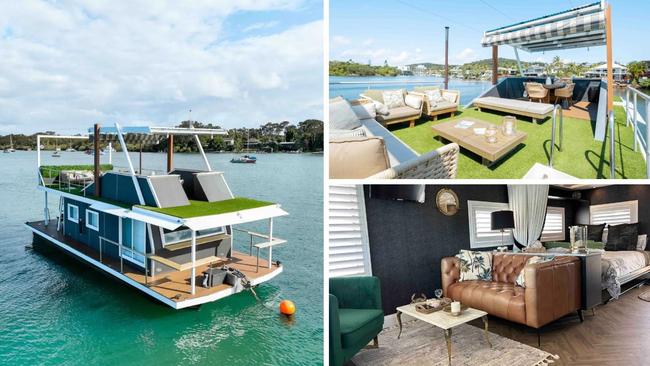 This Classic Martini Houseboat in Noosa Heads is a unique holiday experience which lets guests stay in their own private moored houseboat. Picture: Airbnb