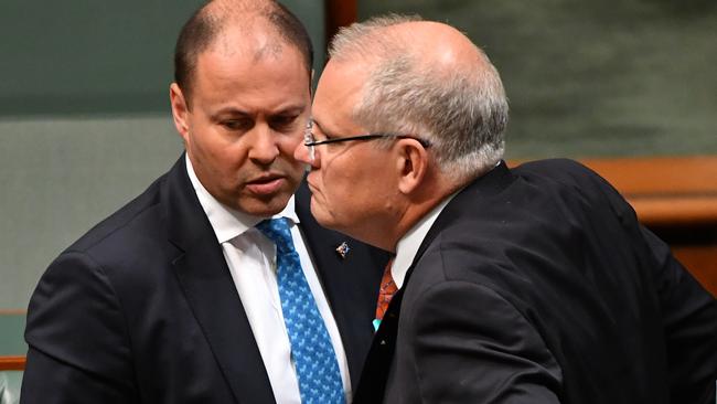 Treasurer Josh Frydenberg and Prime Minister Scott Morrison during Question Time this afternoon. Picture: Mick Tsikas/AAP