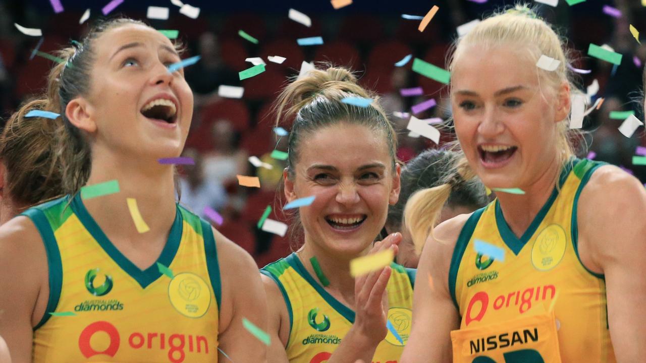 Diamonds players celebrate after the Bushfire Relief Charity netball match between the Australian Diamonds and the Super Netball All-Stars. Picture: Mark Evans