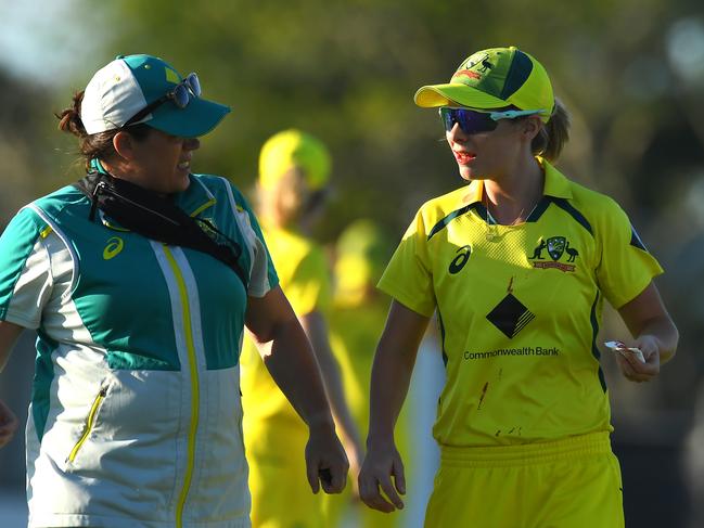 Sophie Molineux of Australia walks off the field bleeding from the mouth during game three of the Women's One Day International series between Australia and India at Great Barrier Reef Arena on September 26, 2021 in Mackay, Australia.Picture: Albert Perez