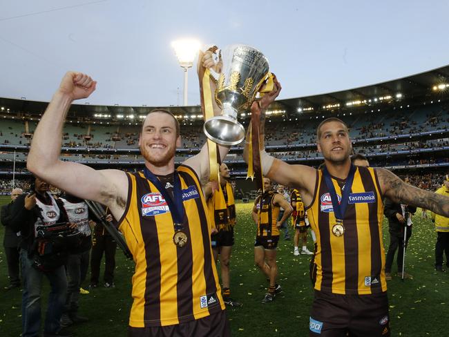 Jarryd Roughead and Lance Franklin celebrate Hawthorn winning the 2013 AFL premiership. Picture: Wayne Ludbey