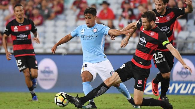 Robbie Cornthwaite (second right) has parted way with the Wanderers. Picture: AAP