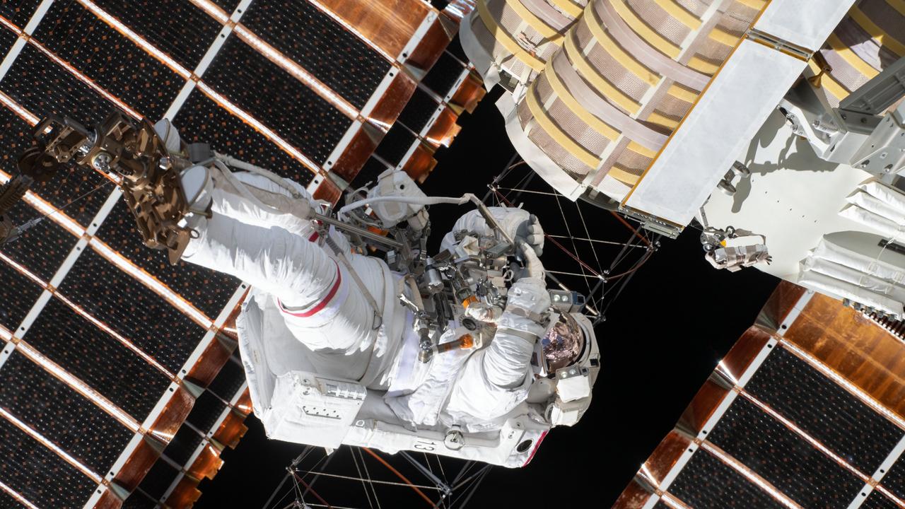 European Space Agency astronaut Thomas Pesquet takes a space walk to install new solar panels on the International Space Station. Picture: NASA