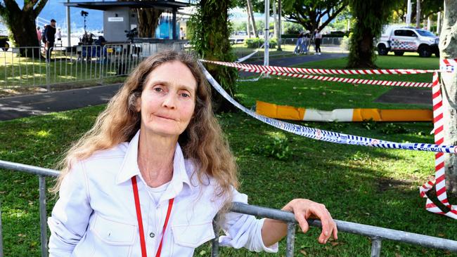 Veronica Knight witnessed the helicopter pilot flying erratically from her hotel further north on the Esplanade, heard the crash, and ran down to film the fireball on the top of the Double Tree Hilton. Picture: Brendan Radke