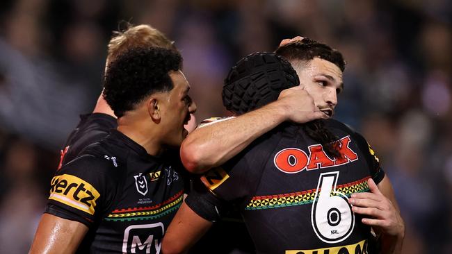 PENRITH, AUSTRALIA - SEPTEMBER 13: Nathan Cleary and Jarome Luai of the Panthers celebrate a try scored by Luke Garner of the Panthers during the NRL Qualifying Final match between Penrith Panthers and Sydney Roosters at BlueBet Stadium on September 13, 2024 in Penrith, Australia. (Photo by Cameron Spencer/Getty Images)