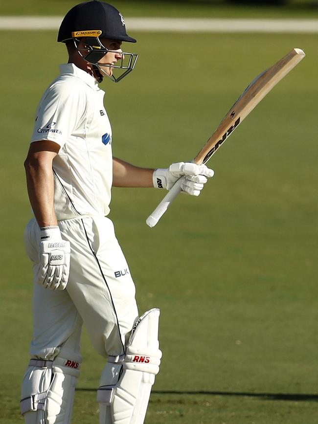 James Seymour after his half-century milestone for Victoria against South Australia on his Sheffield Shield debut. Picture: Darrian Traynor/Getty Images