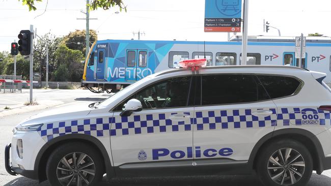 Police patrol Seaford train station after the stabbing. Picture: David Crosling