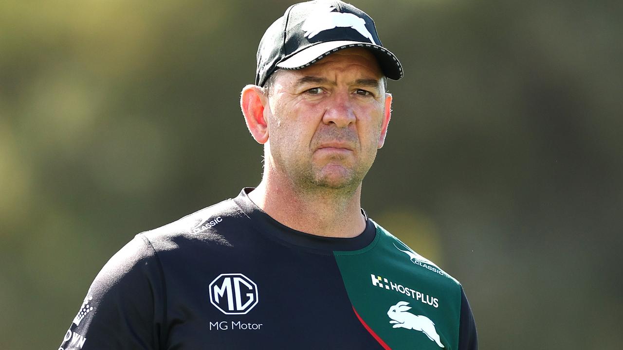 SYDNEY, AUSTRALIA - AUGUST 29: Rabbitohs head coach Jason Demetriou looks on during a South Sydney Rabbitohs NRL Training Session at USANA Rabbitohs Centre on August 29, 2023 in Sydney, Australia. (Photo by Mark Metcalfe/Getty Images)