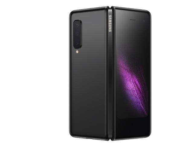 The Samsung Galaxy Fold smartphone features a screen on the front and a larger screen inside when you unfold it.