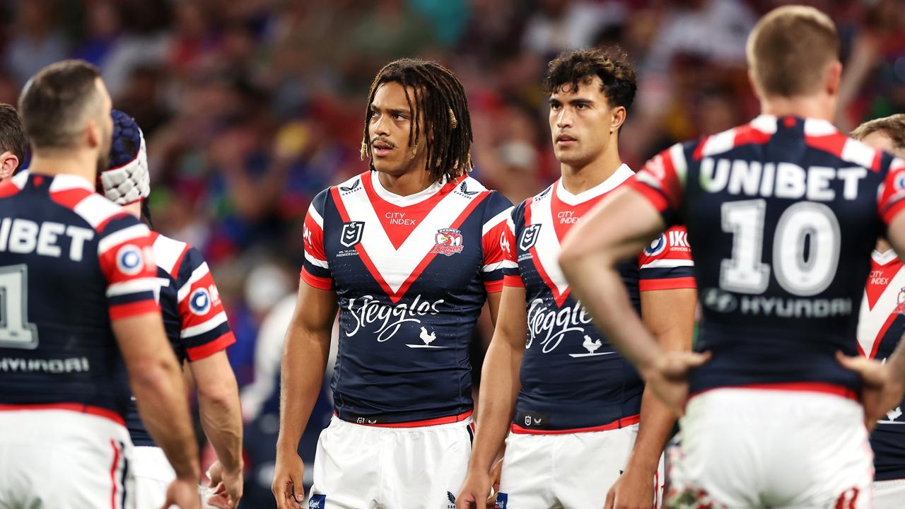 Dominic Young and Joseph-Aukuso Suaalii of the Roosters. (Photo by Hannah Peters/Getty Images)