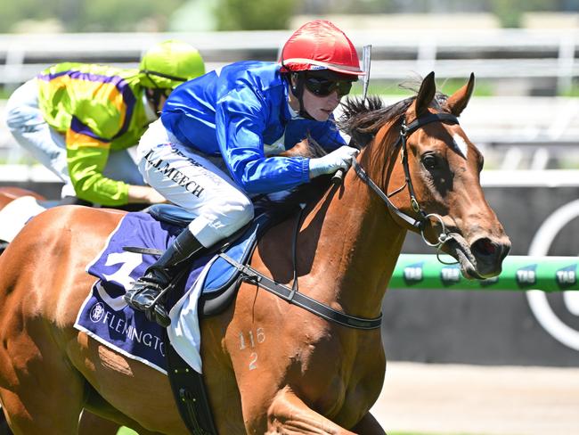 MELBOURNE, AUSTRALIA - JANUARY 18: Linda Meech riding Cavalry Girl winning Race 2, the Vrc Punters Club Sprint  during Melbourne Racing at Flemington Racecourse on January 18, 2025 in Melbourne, Australia. (Photo by Vince Caligiuri/Getty Images)