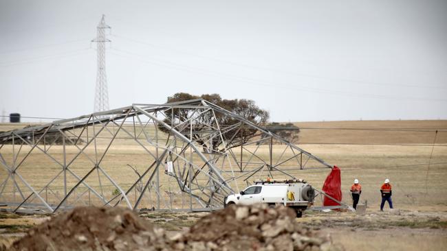 A toppled transmission tower near Tailem Bend, South Australia, that has scuttled electricity supplies from the Victorian interconnector. Picture: Dean Martin