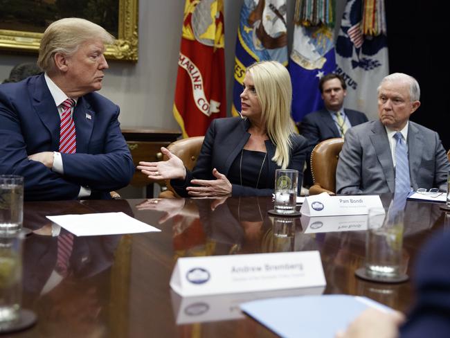 Donald Trump and Attorney-General Jeff Sessions met with Florida Attorney-General Pam Bondi to discuss school safety. Picture: AP/Evan Vucci