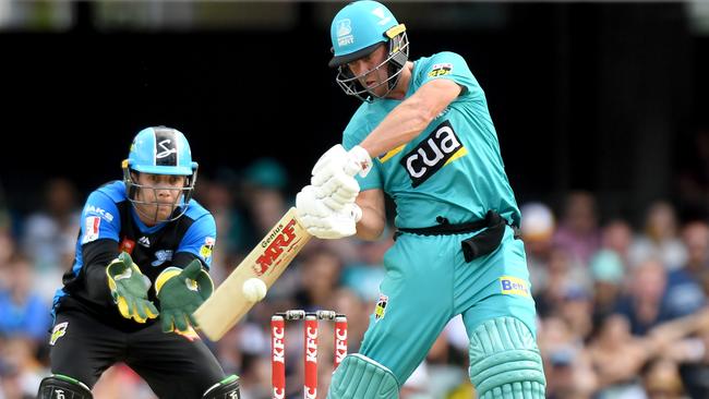 AB De Villiers drives through the off side during his Brisbane Heat debut against Adelaide Strikers.