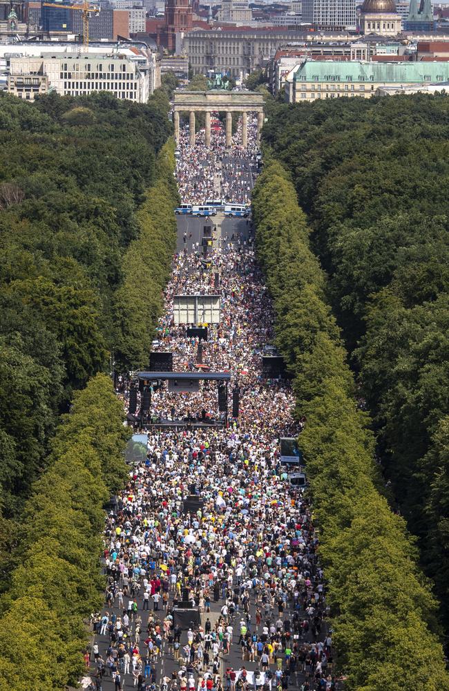 Between 17,000 and 20,000 people from all over Germany gathered in the capital, despite the number of daily new confirmed cases in Germany rising in the past few days. Picture: Maja Hitij/Getty Images.