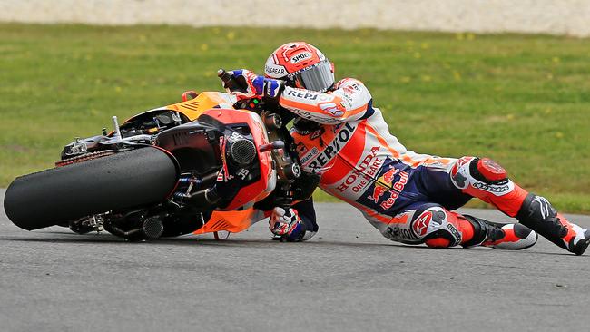 Marc Marquez crashes during free practice. Picture: Mark Stewart