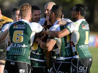 Ipswich players celebrate a try against the Sunshine Coast Falcons at North Ipswich Reserve on Saturday. Picture: Rob Williams