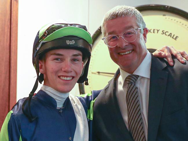 SYDNEY, AUSTRALIA - OCTOBER 21: (L-R) Zac Lloyd and mentor and former jockey Darren Beadman pose for photo during the Spring Wild Card Day - Sydney Racing at Royal Randwick Racecourse on October 21, 2023 in Sydney, Australia. (Photo by Jeremy Ng/Getty Images)