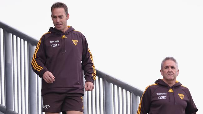 MELBOURNE, AUSTRALIA – MAY 19: Hawks coach Alastair Clarkson and Chris Fagan, General Manager – Football Operations arrive during a Hawthorn Hawks AFL training session at Waverley Park on May 19, 2016 in Melbourne, Australia. (Photo by Robert Cianflone/Getty Images)