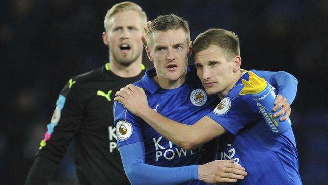 Leicester's Jamie Vardy, left, and Leicester's Marc Albrighton.