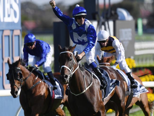 Jockey Hugh Bowman and Winx make it back-to-back wins in the Queen Elizabeth Stakes. Picture: AAP