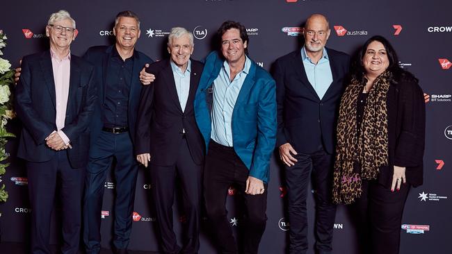Bruce McWilliam, James Warburton, Kerry Stokes, Gillon McLachlan, Lewis Martin and Maryna Fewster. Picture: Carly Ravenhall