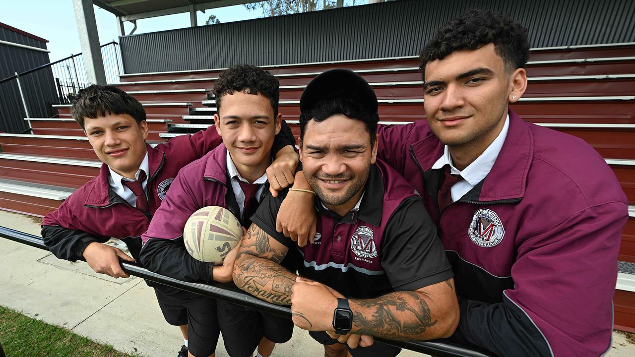 Former NRL champion Issac Luke with Year 11 students (L-R) Hayden Watson, Adaquix Luke and Javon Andrews., Brisbane. Picture: Lyndon Mechielsen/Courier Mail