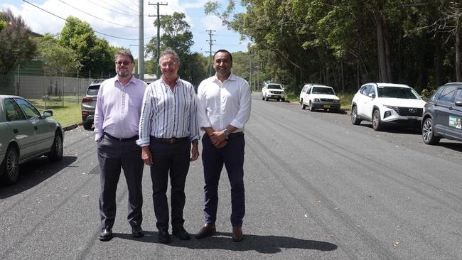 City of Coffs Harbour sustainable infrastructure director Andrew Beswick, mayor Paul Amos and Coffs Harbour MP Gurmesh Singh at the announcement of a $2.24 million reseal of O'Keefe Dr, Coffs Harbour, in the industrial estate. Picture: Chris Knight