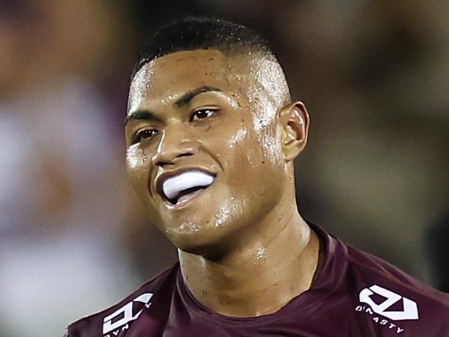 SYDNEY, AUSTRALIA - APRIL 23: Samuela Fainu of the Sea Eagles celebrates victory during the round eight NRL match between Wests Tigers and Manly Sea Eagles at Campbelltown Stadium on April 23, 2023 in Sydney, Australia. (Photo by Mark Kolbe/Getty Images)