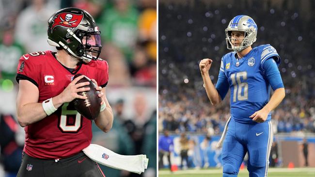 Baker Mayfield of the Tampa Bay Buccaneers (L) and Jared Goff of the Detroit Lions (R) face off. Pictures: Julio Aguilar/Getty Images and Nic Antaya/Getty Images