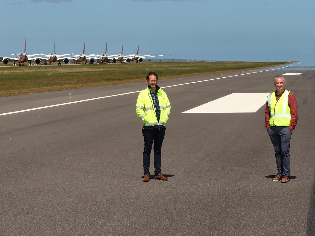 Avalon Airport head of operations Andrew Elliott and CEO Justin Giddings. Avalon could host international quarantine within 30 days, Giddings says. Picture: Alison Wynd