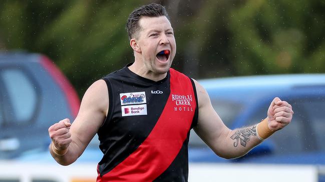 RDFL footy: Riddell v Melton Centrals at Riddell Creek Recreation Reserve. 4th June 2022. Timothy Walsh of Riddell celebrates his goal.Picture : George Sal