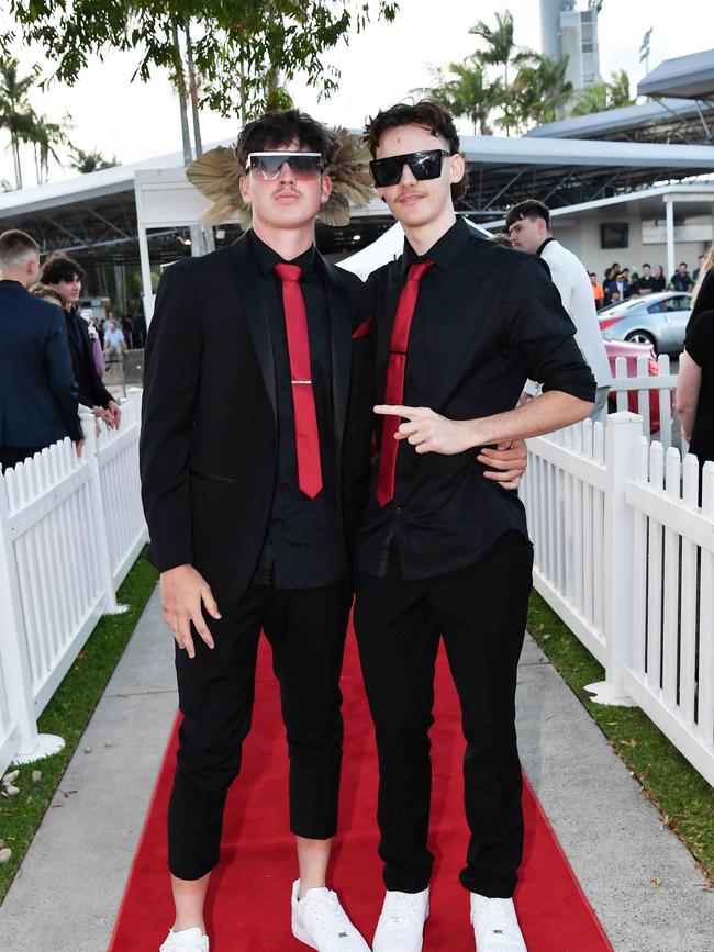 Alex Gallagher and Jonathan Poida at the 2023 Caloundra State High School Year 12 formal. Picture: Patrick Woods.