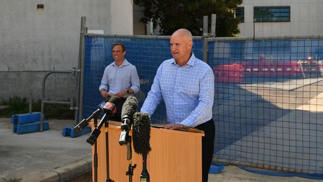 Gladstone MP Glenn Butcher with Health Minister Steven Miles announcing plans to purchase the city's Mater Hospital.