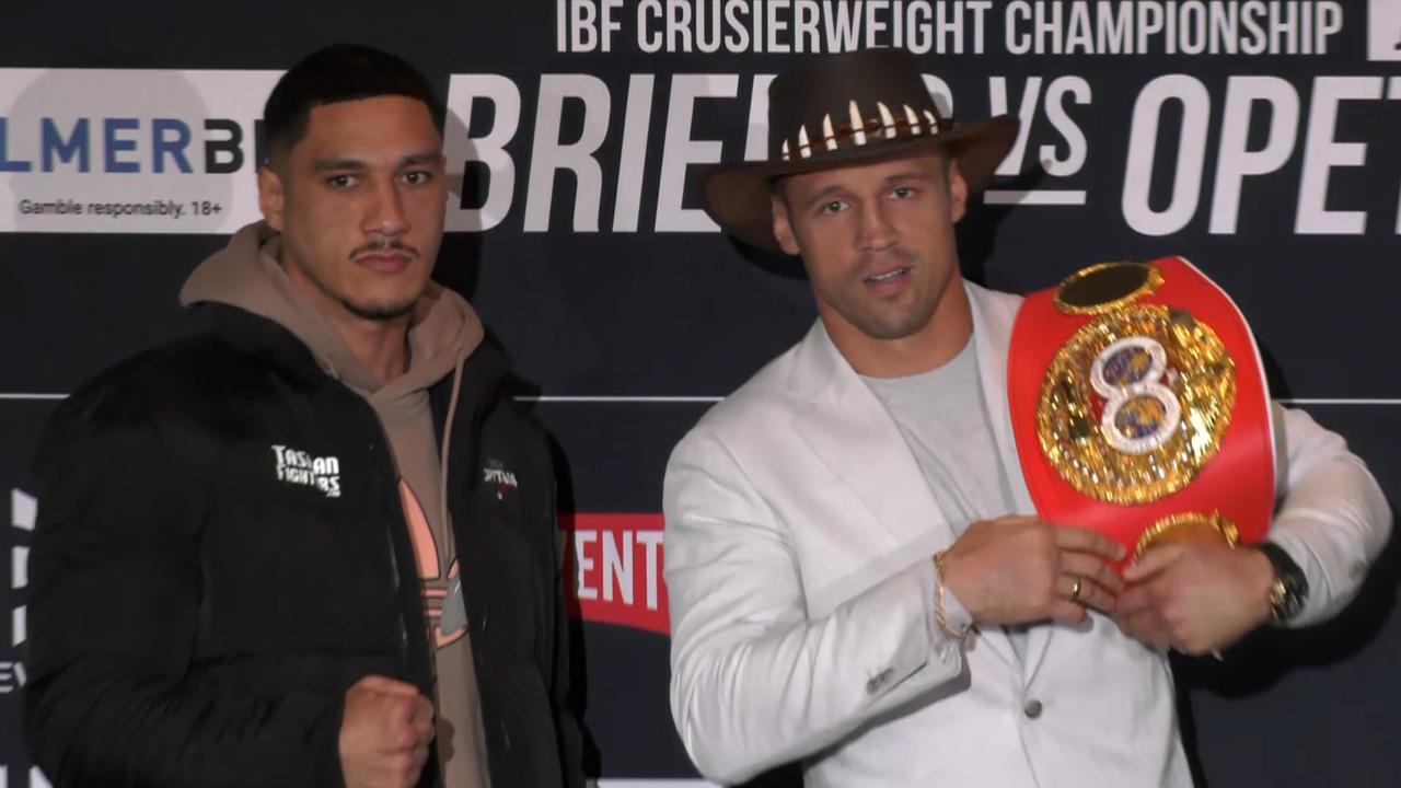 Jai Opetaia and Mairis Briedis face off ahead of Saturday night's world title fight.