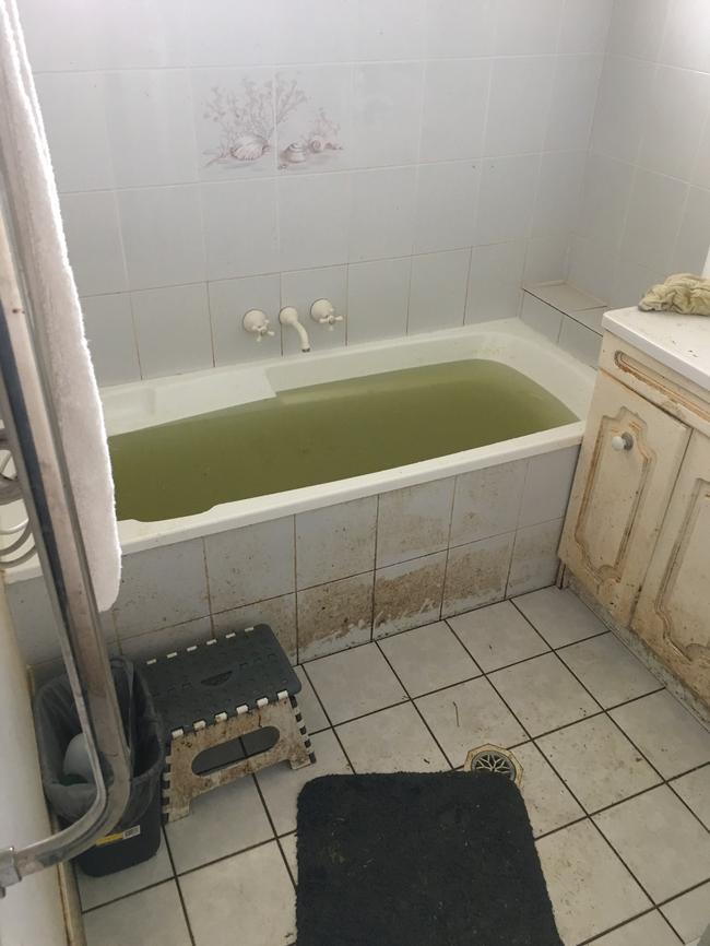 A bathtub containing green water