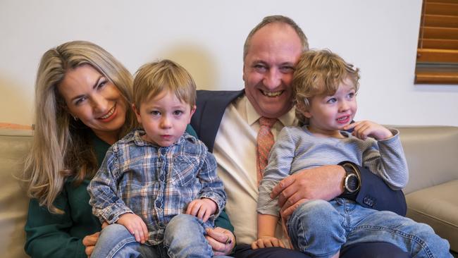 Vikki Campion and Deputy PM Barnaby Joyce with their children, Sebastian and Thomas. Picture: NCA NewsWire/Martin Ollman