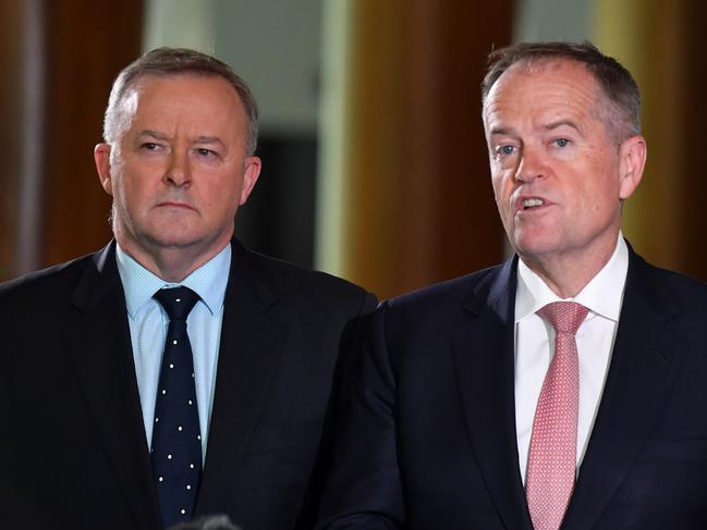 Leader of the Opposition Anthony Albanese and former leader of the opposition Bill Shorten at a press conference at Parliament House in Canberra, Thursday, February 6, 2020. (AAP Image/Mick Tsikas) NO ARCHIVING