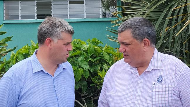 Police Minister Mark Ryan and Queensland Police Union Far North executive member Gil Dyett chat at Cairns PCYC in the wake of a teen’s stolen car death. Picture: Chris Calcino