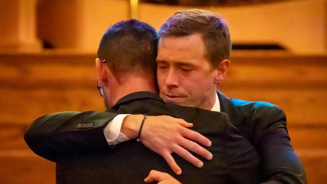 Rohan Dennis attends the memorial service for his wife Melissa Hoskins at Adelaide Town Hall. Picture: POOL / ABC / Brant Cumming