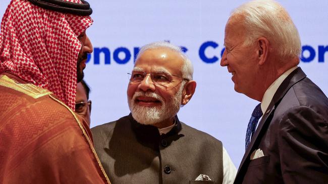 From left, Crown Prince Mohammed bin Salman of Saudi Arabia, Prime Minister Narendra Modi of India and President Biden at the G20 gathering in New Delhi is September. Picture: Ludovic Marin/Pool/AFP