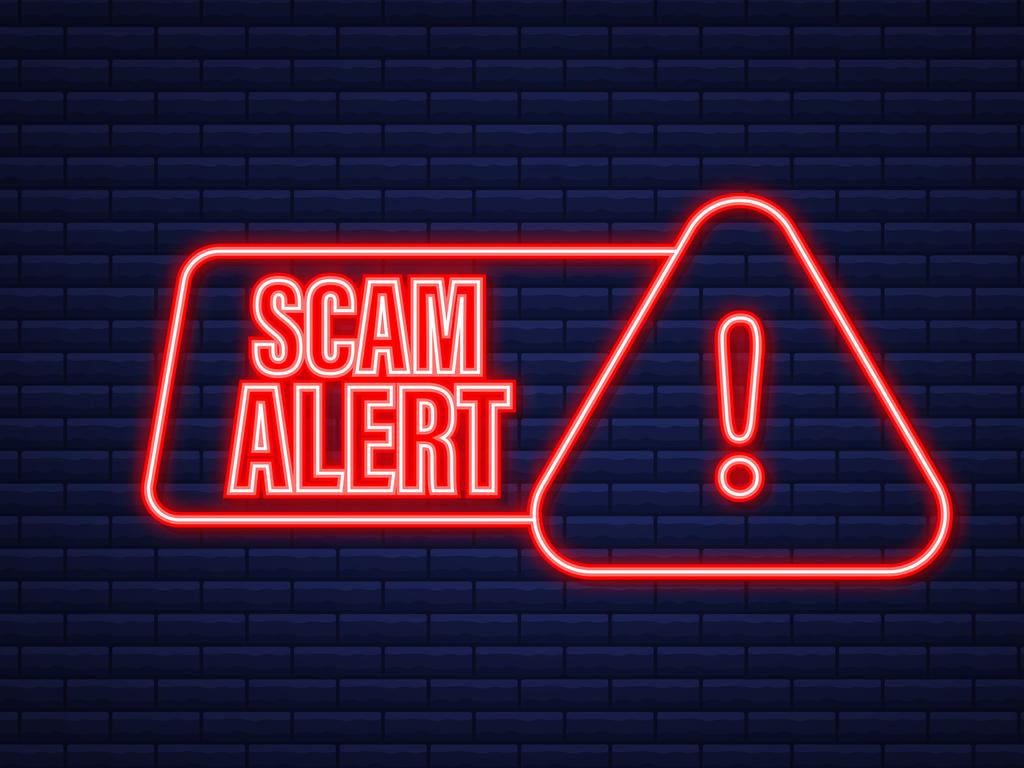 Banner with red scam alert. Attention sign. Neon icon. Caution warning sign sticker. Flat warning symbol. Vector stock illustration