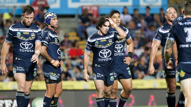 NQ Cowboys looking disappointed during the Round 4 NRL match between the North Queensland Cowboys and the Penrith Panthers at 1300 SMILES Stadium in Townsville, Thursday, March 28, 2018. (AAP Image/Michael Chambers) NO ARCHIVING, EDITORIAL USE ONLY