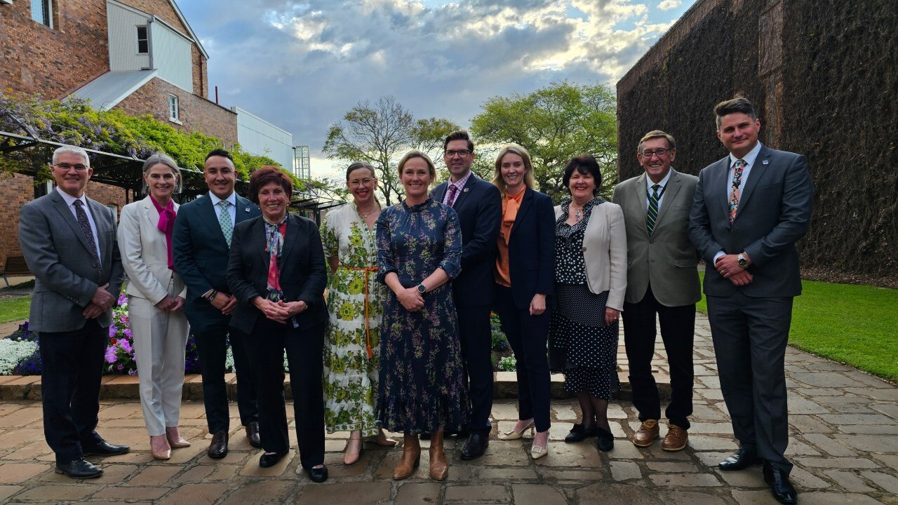 New Toowoomba councillor Edwina Farquhar with mayor Geoff McDonald and councillors outside City Hall.