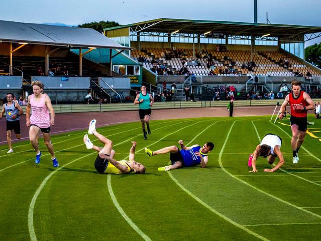 Competitors take a fall during a 400m Devonport Gift heat. Picture: Supplied