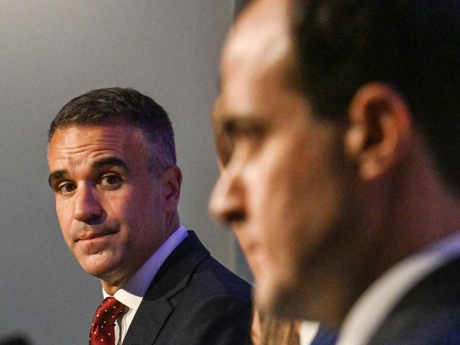 MARCH 21, 2025: SA Press Club leaders' debate between Premier Peter Malinauskas, left, and Opposition Leader Vincent Tarzia. Picture: Brenton Edwards
