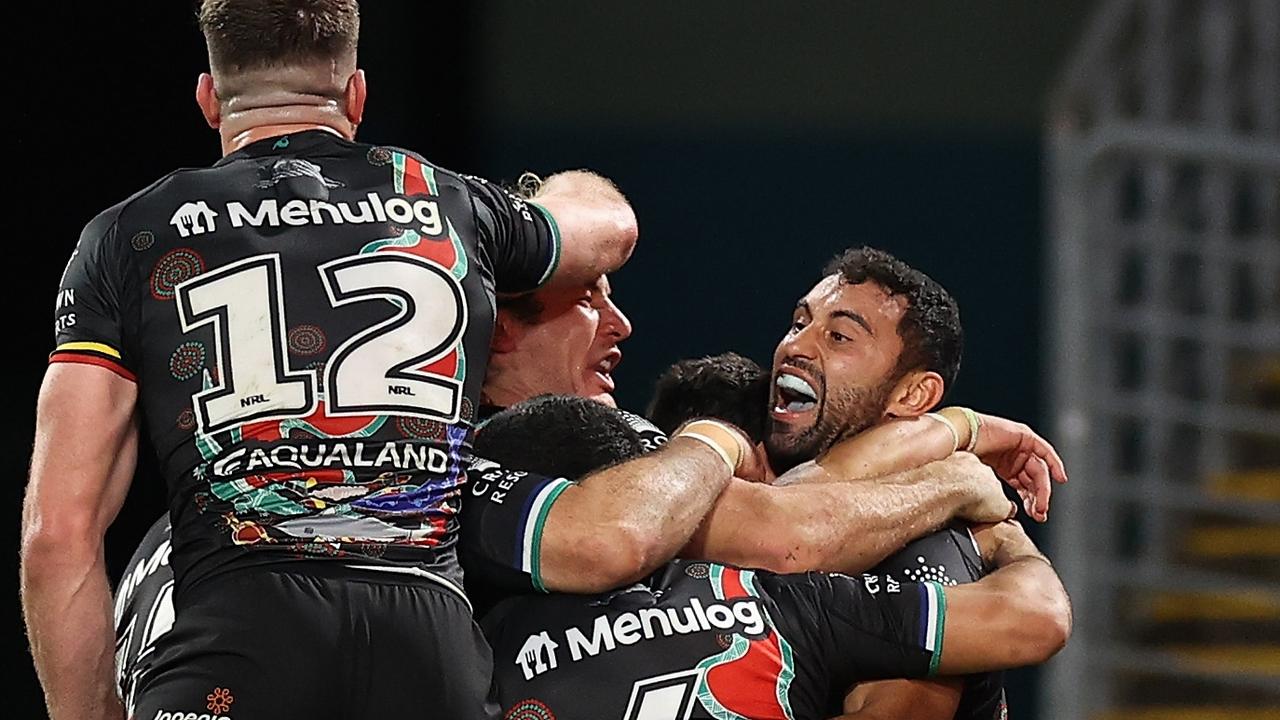 SYDNEY, AUSTRALIA - MAY 28: Alex Johnston of the Rabbitohs celebrates scoring a try during the round 12 NRL match between the South Sydney Rabbitohs and the Wests Tigers at Accor Stadium, on May 28, 2022, in Sydney, Australia. (Photo by Cameron Spencer/Getty Images)