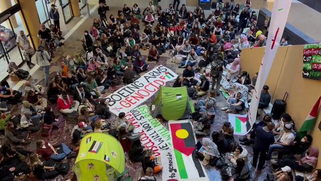 Students occupy the Arts West Building at the University of Melbourne.